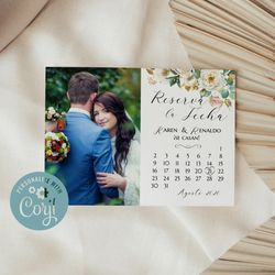 spanish white floral save the date editable calendar reserva la fecha spanish save the date announcement editable
