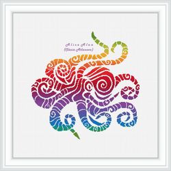 Cross stitch pattern Octopus silhouette abstract rainbow monochrome marine sea Kraken tentacles fish counted crossstitch