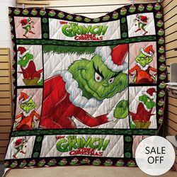 custom grinch christmas quilt blanket, grinch bedding set, grinch kids bedding set, christmas baby blanket, christmas gi