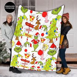 custom name grinch christmas blanket, grinch fleece blanket, movie quilt, christmas gift for her, grinch movie shirt 111
