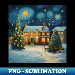 Festive Christmas Landscape with Van Gogh Starry Night Influence - Exclusive PNG Sublimation Download - Bring Your Designs to Life