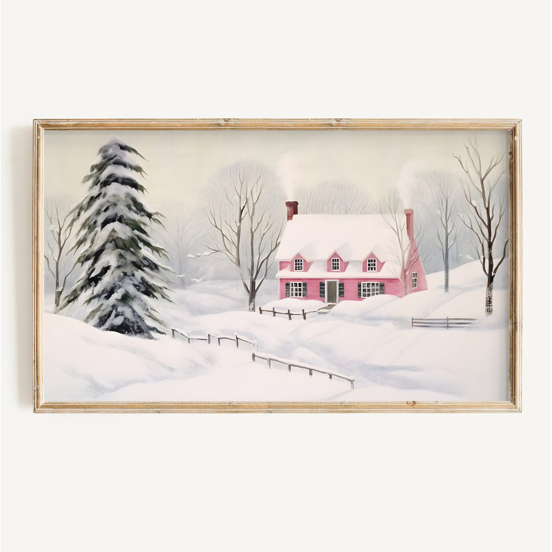 Winter FRAME TV Art  Snowy Scenic Landscape Digital Download  Winter Snow Pink Christmas Cottage Tv Art File.jpg