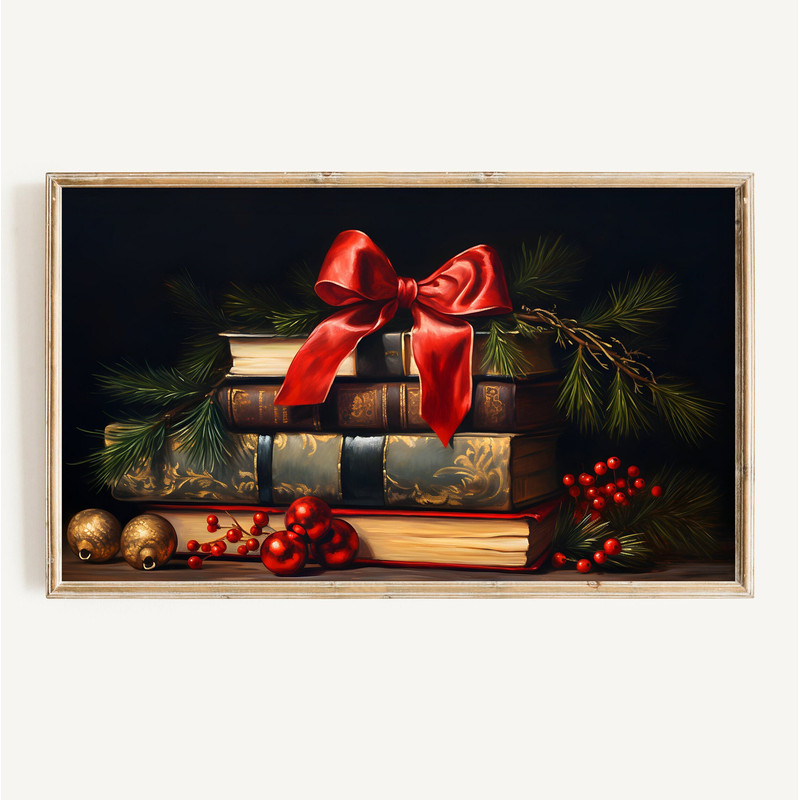 Frame TV Art Vintage Christmas Digital Download Painting  Holiday Books Art File  Dark Academia Bookish Xmas Tv Art.jpg