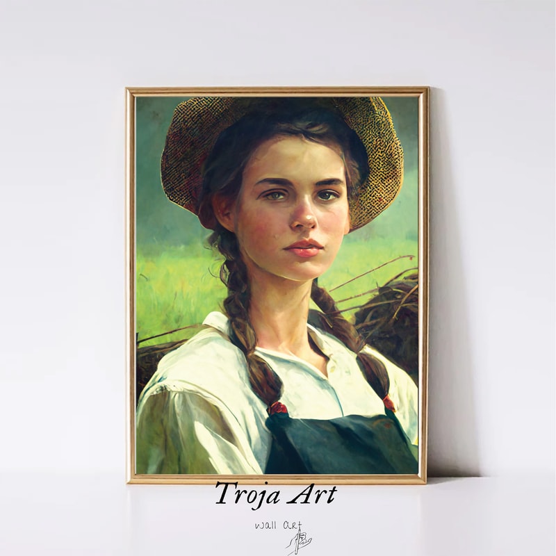 Moody Oil Painting Young Farmer Girl Portrait Vintage Oil Dark Moody Portrait Digital PRINTABLE Downloadable Wall Art.jpg