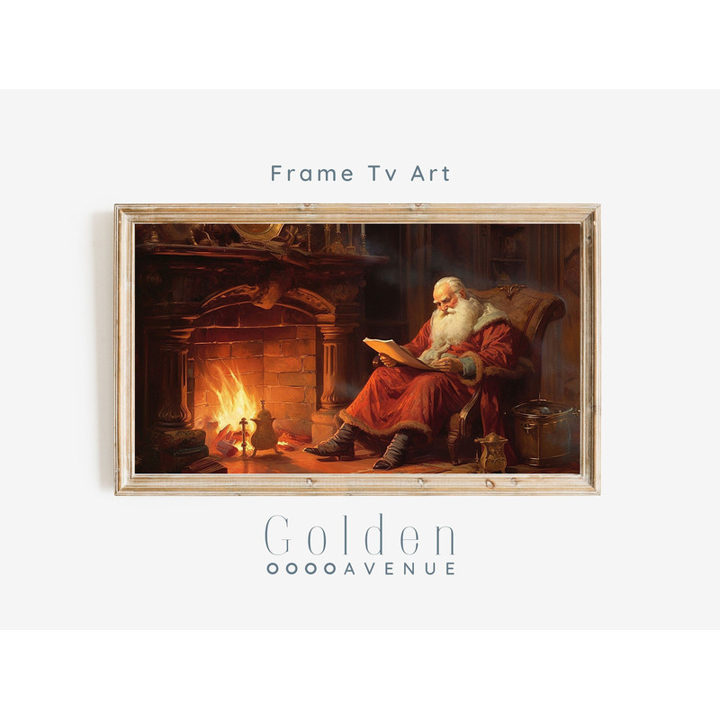 Frame TV Art Christmas Vintage Santa Digital Download Painting  Cozy Warm Toned Fireplace Samsung Tv Screensaver Art File.jpg
