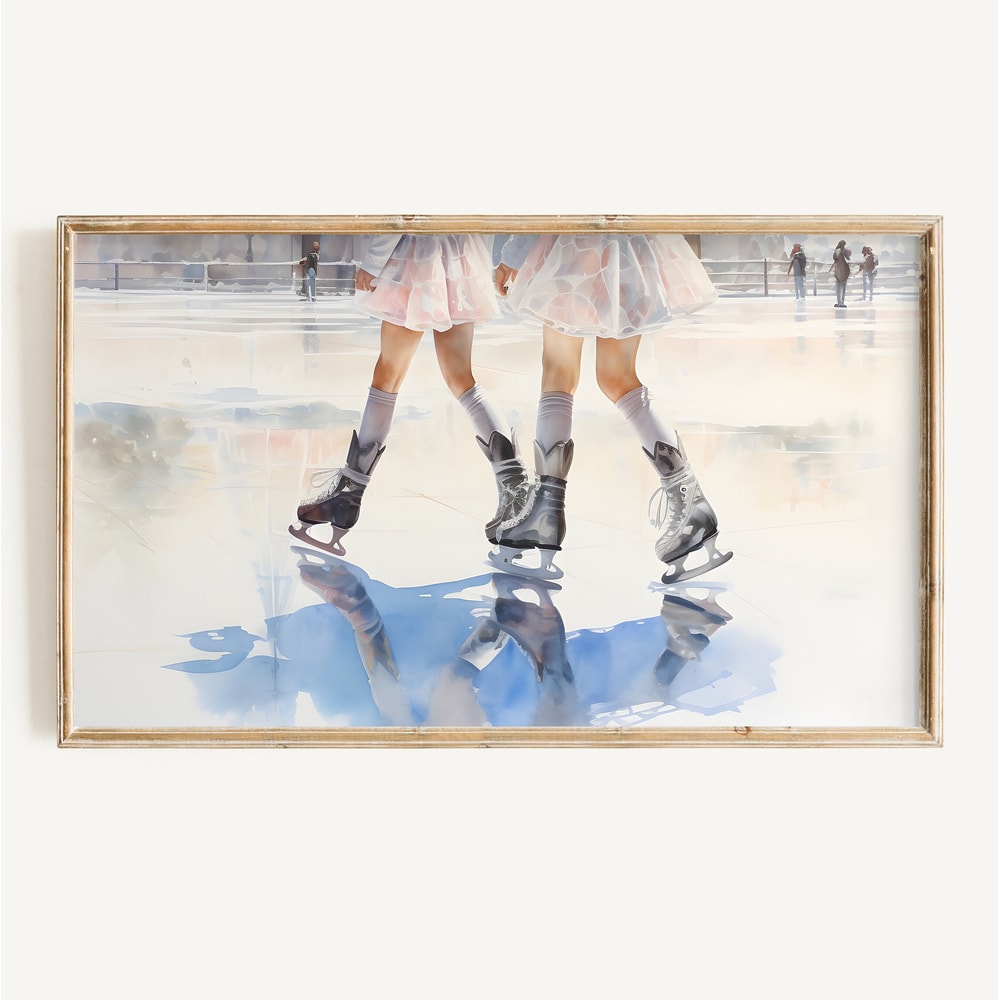 Winter Frame TV Art DIGITAL Download Ice Skate Watercolor for TV Holiday Frame Tv Art File Pink Christmas Tv Art Download.jpg