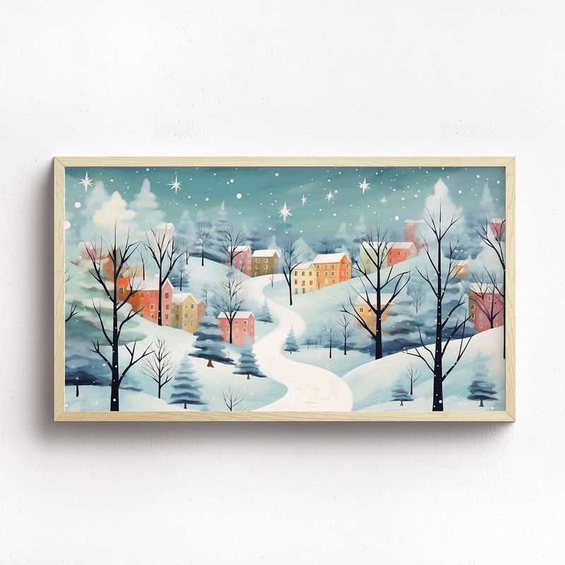 Christmas Frame TV Art Colorful Christmas Village Digital Download Painting Winter Snow TV Art Mid-Century Xmas Art File for Tv.jpg