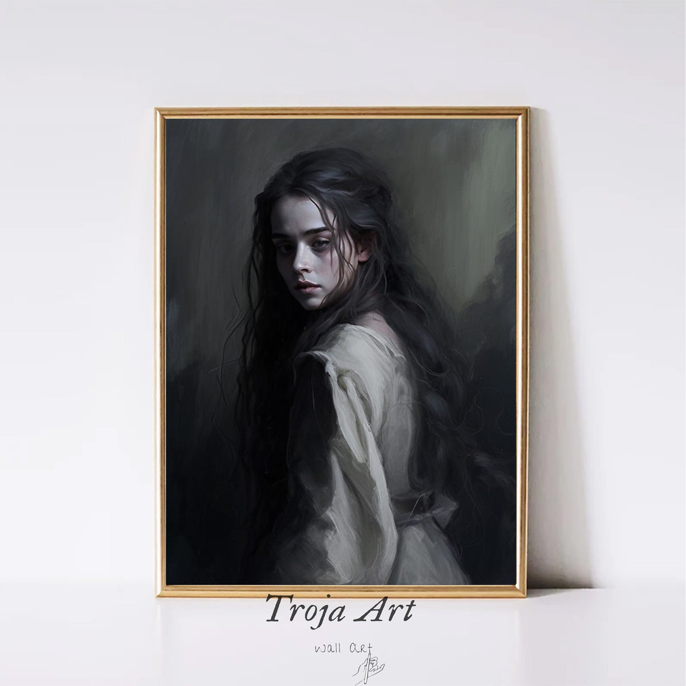Moody Dark Academia Oil Painting  Girl Portrait Painting  Vintage Oil Dark Moody Portrait Digital PRINTABLE, Downloadable Wall Art.jpg
