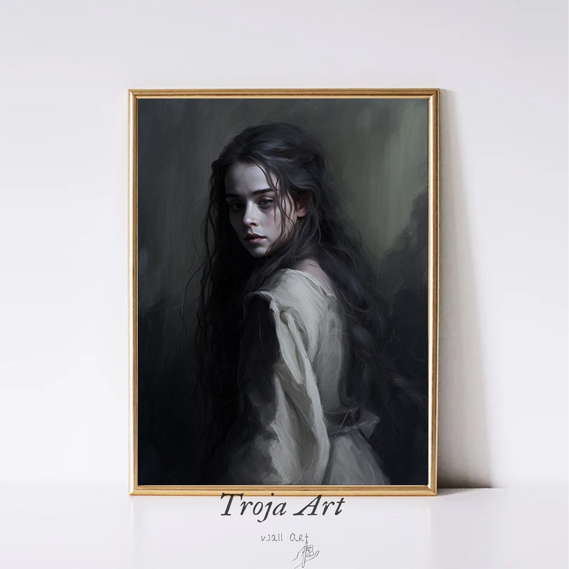 Moody Dark Academia Oil Painting  Girl Portrait Painting  Vintage Oil Dark Moody Portrait Digital PRINTABLE, Downloadable Wall Art.jpg
