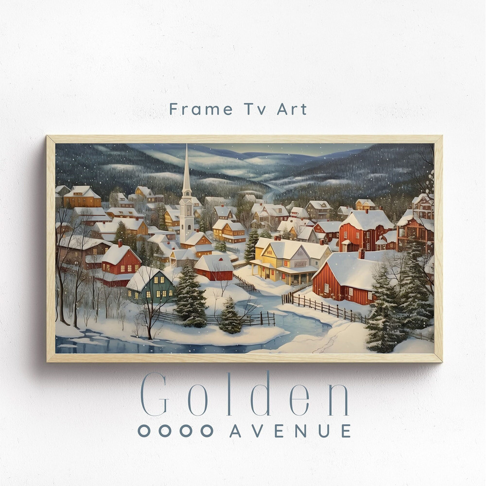 Holiday FRAME TV Art  Classic Christmas Village Digital Download Painting  Xmas Houses Winter Snow Art File for Tv  Snowy New England.jpg