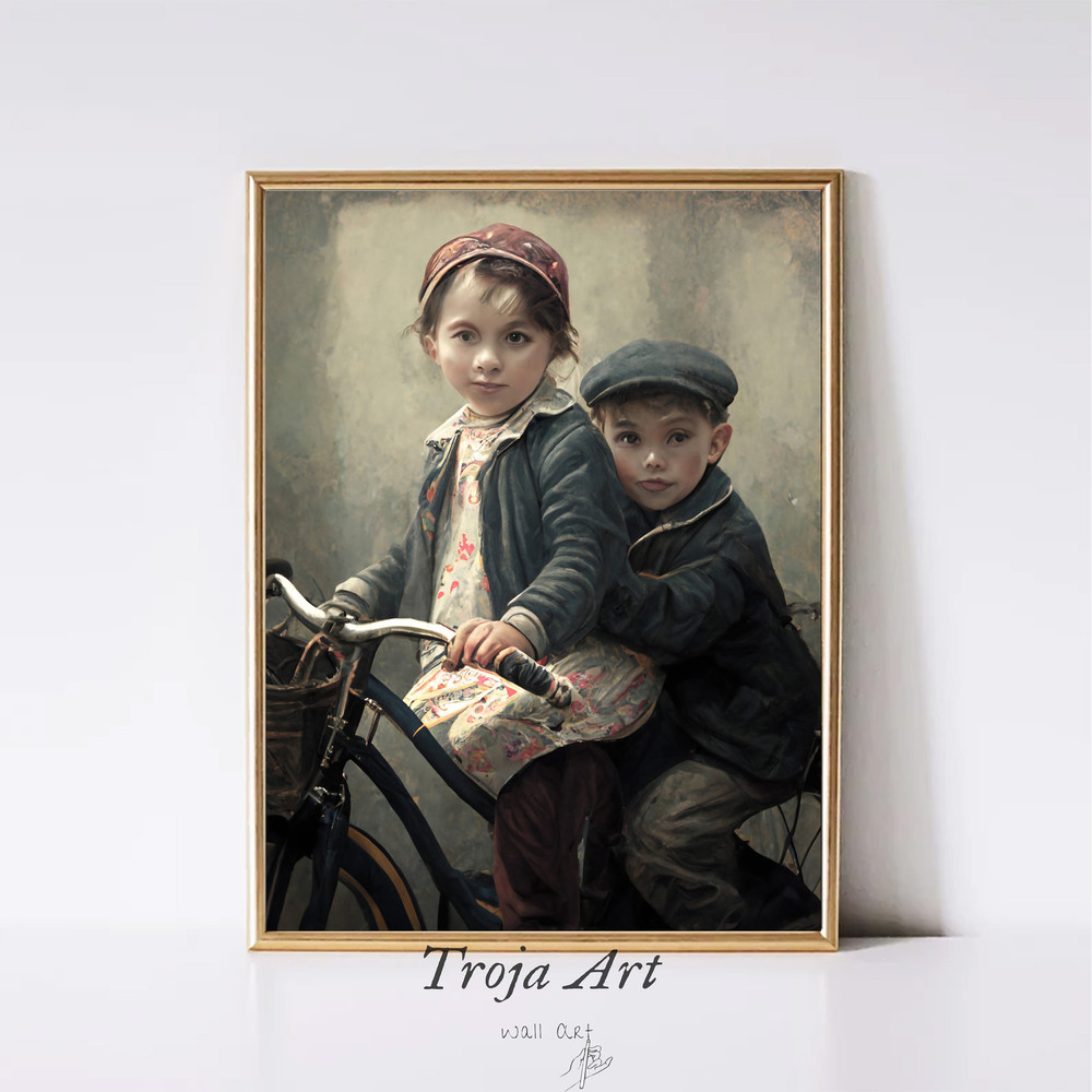 Moody Vintage Oil painting  Siblings are Riding a Bike  Dark Academia Wall Art  Instant Printable Digital Download  Downloadable Prints.jpg