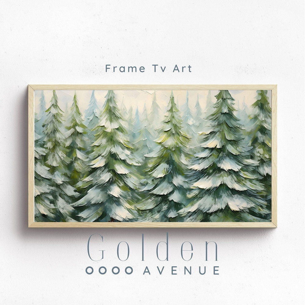 Winter Frame TV Art Vintage Christmas DIGITAL Download Snowy Pine Tree Painting Rustic Holiday Tv Download Green & White Xmas Art-2.jpg