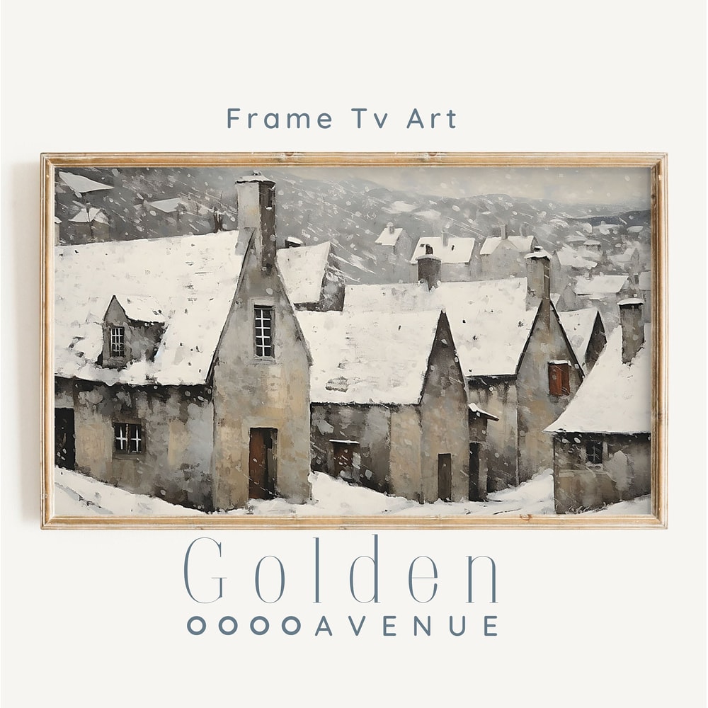 Winter Frame TV Art DIGITAL Download Snowy Village Painting for TV Vintage Snow Frame Tv Art File Beige Neutral Toned Frame Tv Art-1.jpg