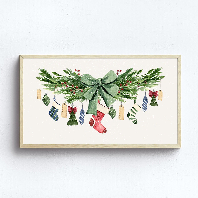 Xmas Frame TV Art  Vintage Christmas Digital Download  Retro Holiday Art File  Christmas Stockings Watercolor Frame Tv Instant Download.jpg