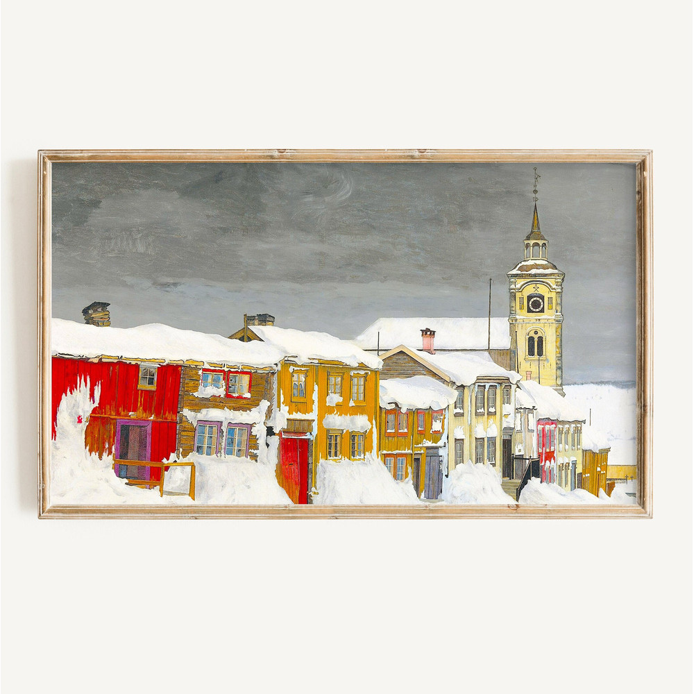 Winter Frame TV Art Christmas Village Digital Download Vintage Painting Holiday Houses Winter Snow Art File for Tv.jpg