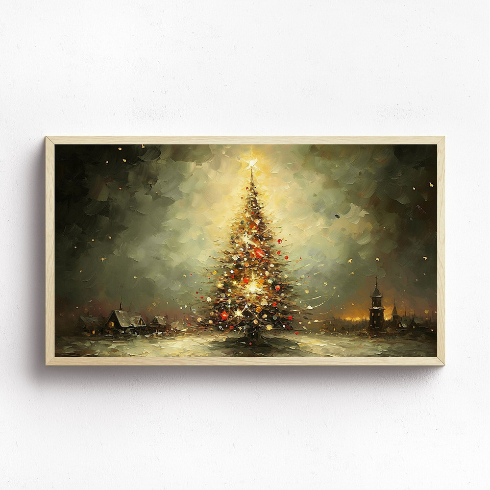 Frame TV Art Vintage Christmas Tree Colorful Ornament Digital Download Winter Snow Landscape Painting Xmas Art File for Tv.jpg