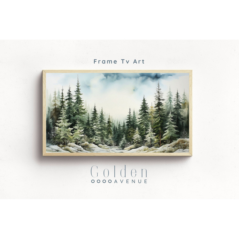 Samsung Frame TV Art Vintage Christmas Winter DIGITAL Download Snowy Pine Tree Painting Minimalist Rustic Snow Landscape.jpg