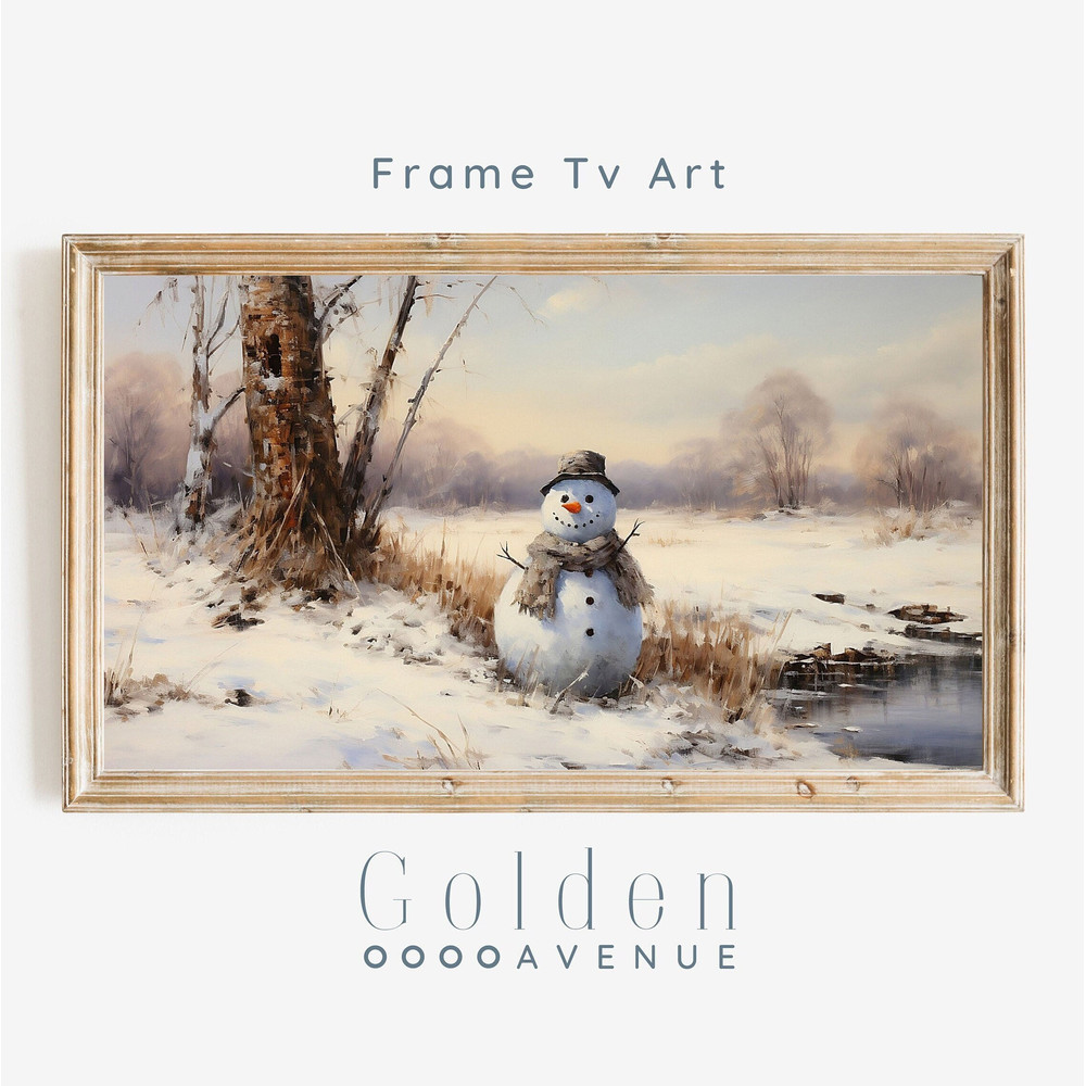 Christmas Frame TV Art Snowman Vintage Winter DIGITAL Download Snowy Nature Xmas Painting Rustic Christmas Snow Landscape.jpg