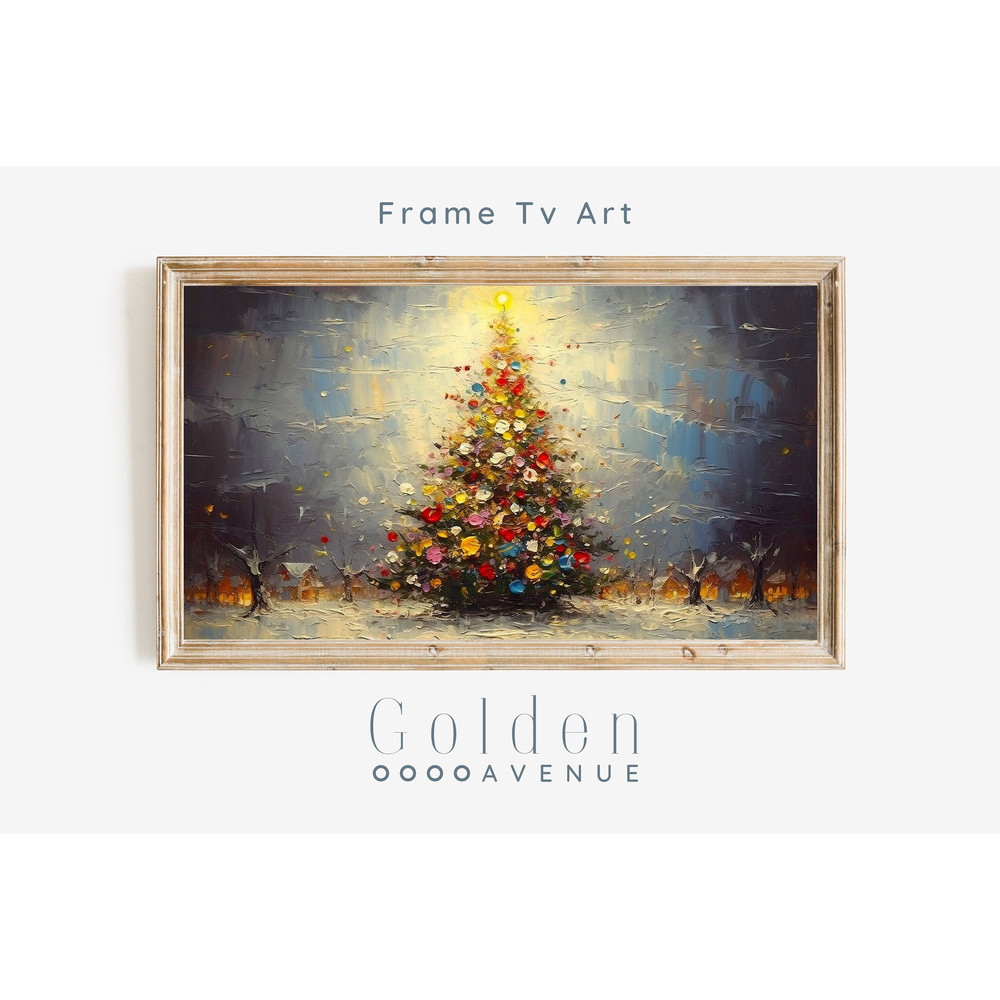 Frame TV Art Vintage Christmas Tree Colorful Ornament Digital Download Winter Snow Landscape Painting Xmas Art File for Tv.jpg