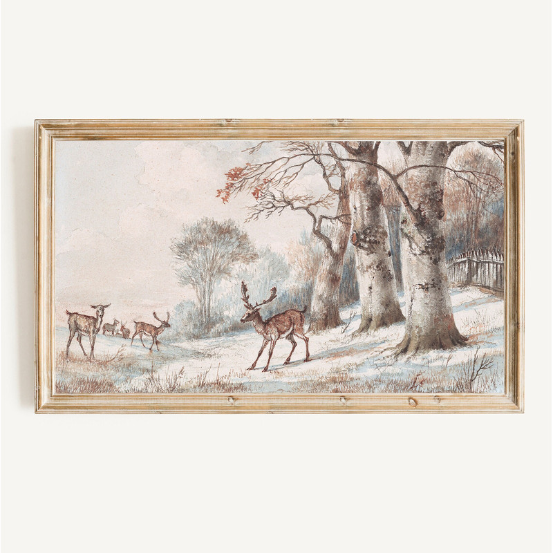 Frame TV Art Christmas Reindeer DIGITAL Download Vintage Winter Nature Painting for TV Rustic Snow Landscape Xmas Art File.jpg