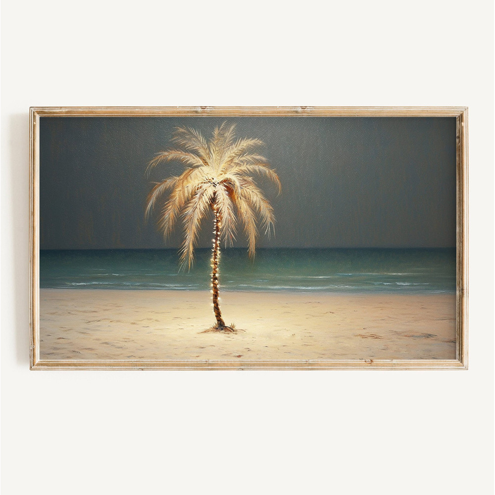 Xmas FRAME TV Art Tropical Christmas Palm Tree Lights Digital Download Winter Beach Landscape Painting Xmas Art File for Tv.jpg
