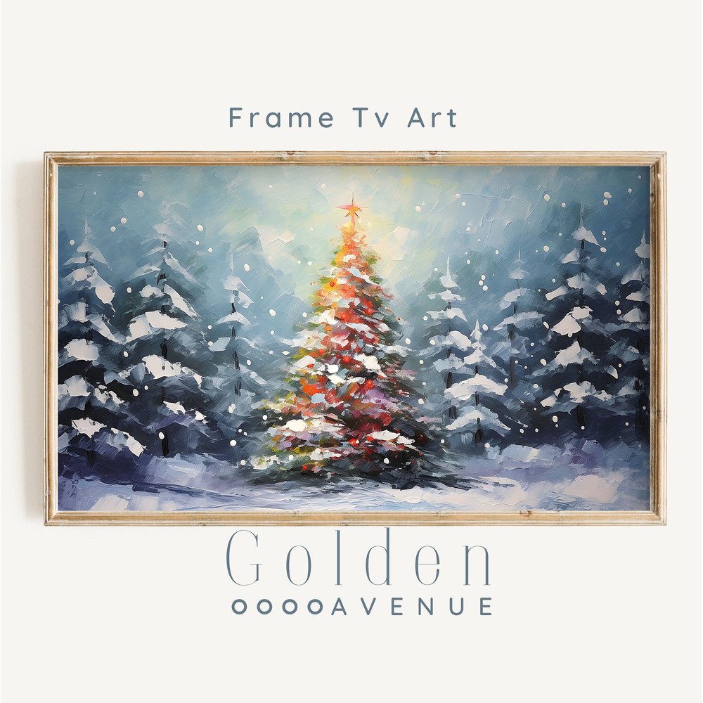 Xmas Frame TV Art Vintage Christmas Tree Lights Digital Download Winter Snow Night Landscape Painting Xmas Art File for Tv-3.jpg