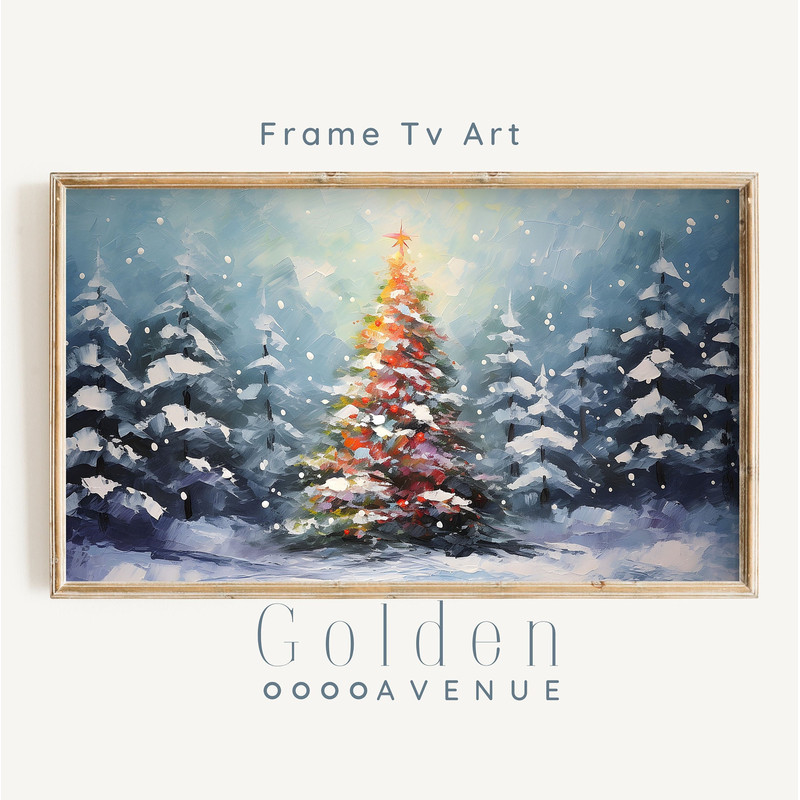 Xmas Frame TV Art Vintage Christmas Tree Lights Digital Download Winter Snow Night Landscape Painting Xmas Art File for Tv-3.jpg