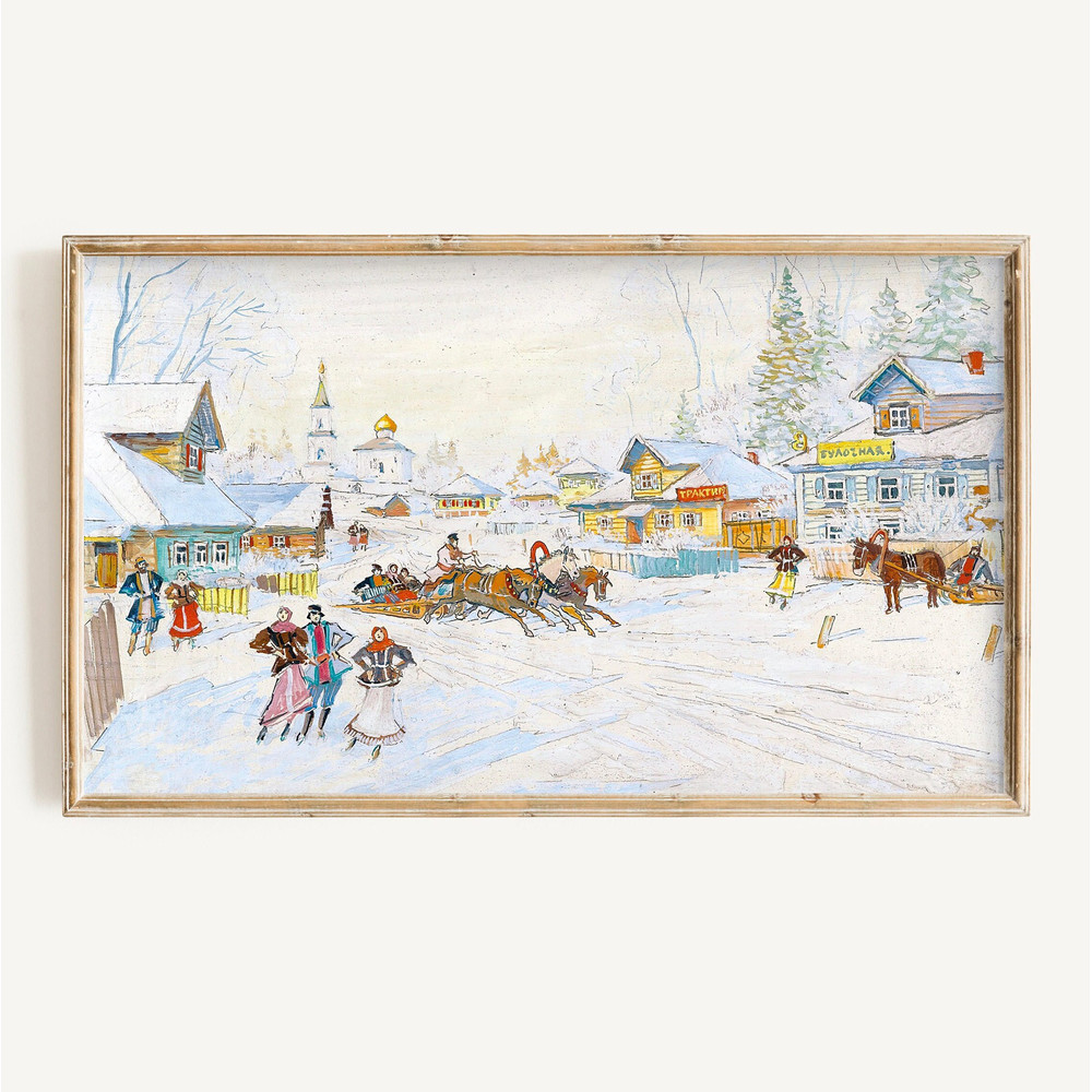 Holiday FRAME TV Art Vintage Winter DIGITAL Download Snowy Sleigh Colorful Christmas Painting for Tv Xmas Festive Snow Landscape.jpg