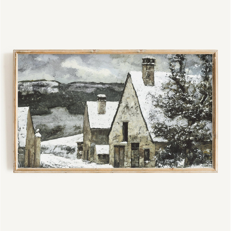 Winter FRAME Tv Art DIGITAL Download Snowy Village Painting for TV Vintage Snow Frame Tv Art File Beige Neutral Toned Frame Tv Art.jpg