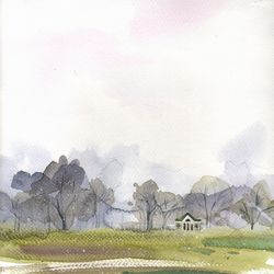 original watercolor spring countryside landscape painting