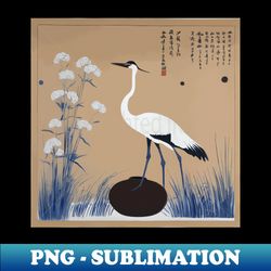 Vintage Japanese Crowned Crane in a Floral Landscape - Creative Sublimation PNG Download - Bold & Eye-catching
