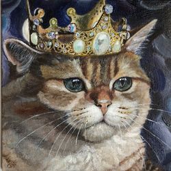 King cat original oil painting on canvas animal art pet portrait hand painted modern painting wall art 8x8 inches