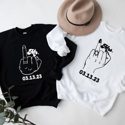 wedding finger personalized the husband, the wife matching tshirts, bride and groom couples honeymoon tshirt, finally ma