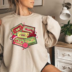 christmas music cassette tapes shirt, women's christmas shirt, vintage santa shirt, retro santa shirt, retro boho tee, v