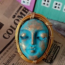 Jewelry wire wrapping ring, polymer clay Face cocktail big ring. Women ring