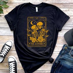 tarot card the lovers shirt, love skeleton celestial moon stars tee, mystical tarot tee, halloween skeleton shirt, match