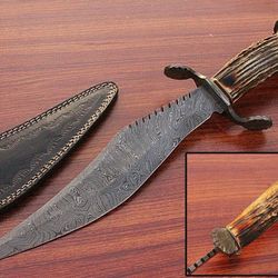 custom handmade damascus steel hunting bowie knife with stag horn handle