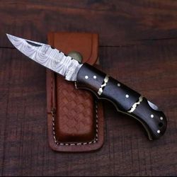custom handmade damascus steel folding knife | wood handle & leather sheath
