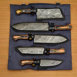 custom handmade damascus steel chef set of 5pcs with leather kit , birthday gift
