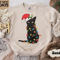 christmas black cat sweatshirt, black cat christmas shirt, cat lover gift tee, cat christmas lights shirt, xmas womens g