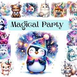 magical party animals clipart,panda,birthday party,new year party,penguin koala, polar bear,cat