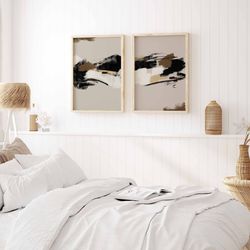 brush strokes modern printable gallery wall art set of 3 grey black abstract prints minimalist bedroom living room decor