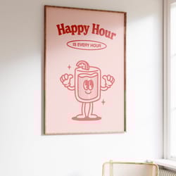 happy hour print, bar cart wall art, cute drinks poster, retro bar cart decor, drinks print, digital download, retro wal