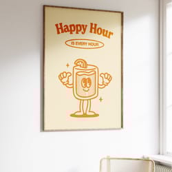 happy hour retro character wall art, retro quote wall print, digital download art, retro wall decor, large printable art