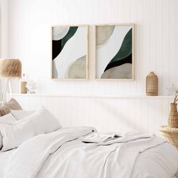 Modern Minimalist Living Room Sage Green Set Of 2 Print, Forest Green Large Bedroom Decor, Black Beige Minimal Gallery W