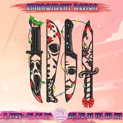 christmas horror characters in knives embroidery design, horror movie embroidery, halloween christmas embroidery, machine embroidery designs