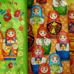 Folk art fabric, Wafer Cotton Russian folk fabric, nesting doll fabric, kitchen towel fabric, matryoshka fabric