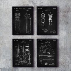 barbershop patents set of 4, hipster cool gift, brush, razors, shaving machine, scissors, barber shop art, patent prints