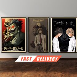 death note anime posters - light yagami poster prints, ryuk shinigami poster, l death note inspired, home decor art, ae