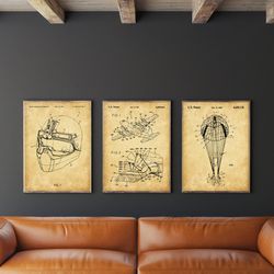 airborne patent set of 3, patenr poster, helmet print, airplane wall decor, parachute, patent print, military airplane,